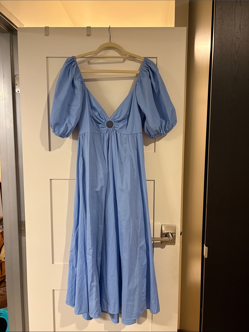 Abercrombie & Fitch Light Blue Puff-Sleeve Midi Dress with Ring Detail